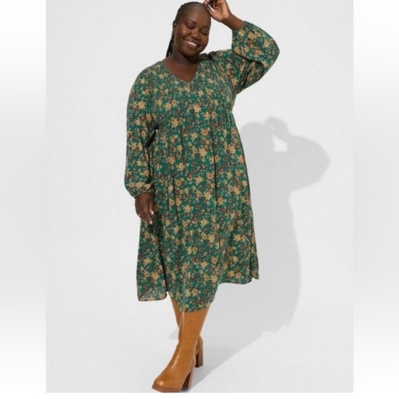 TORRID Midi Washable Gauze Smocked Bodice Long Sleeve Dress - Picture 1 of 13